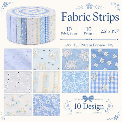 10pcs Vintage Floral Blue & White Pattern Purple Jelly Roll Fabric Strips 2.5X19.7inch Pre-cut 100% Polyester for Patchwork Quilts, Table Runners, Placemats, Tote Bags, Storage Pouches, Makeup Bags, Coasters, Quilt Blocks & Binding