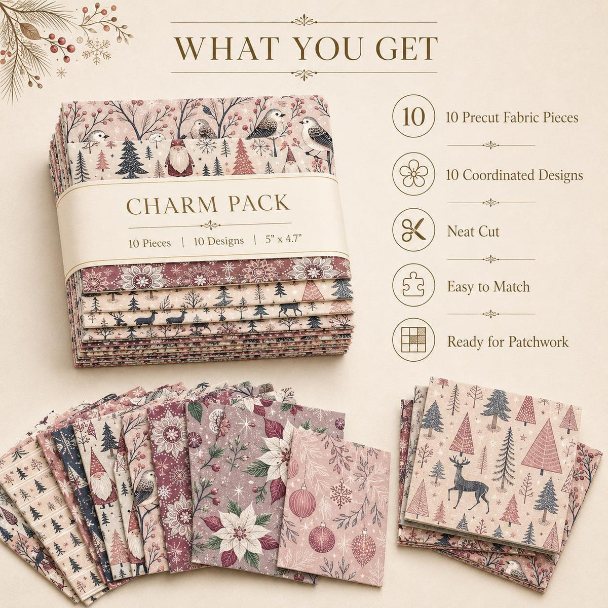 10Pc/Set Christmas Series Deer Christmas Tree Santa Claus Flower Fat Quarter Fabric, Pre-Cut Square Fabric Assort, Fabric Set, Craft Fabric, Handmade DIY Patchwork Fabric,Home Quilting Sewing Fabric, Packaging Fabric, Scrapbooking Craft Hobbyist