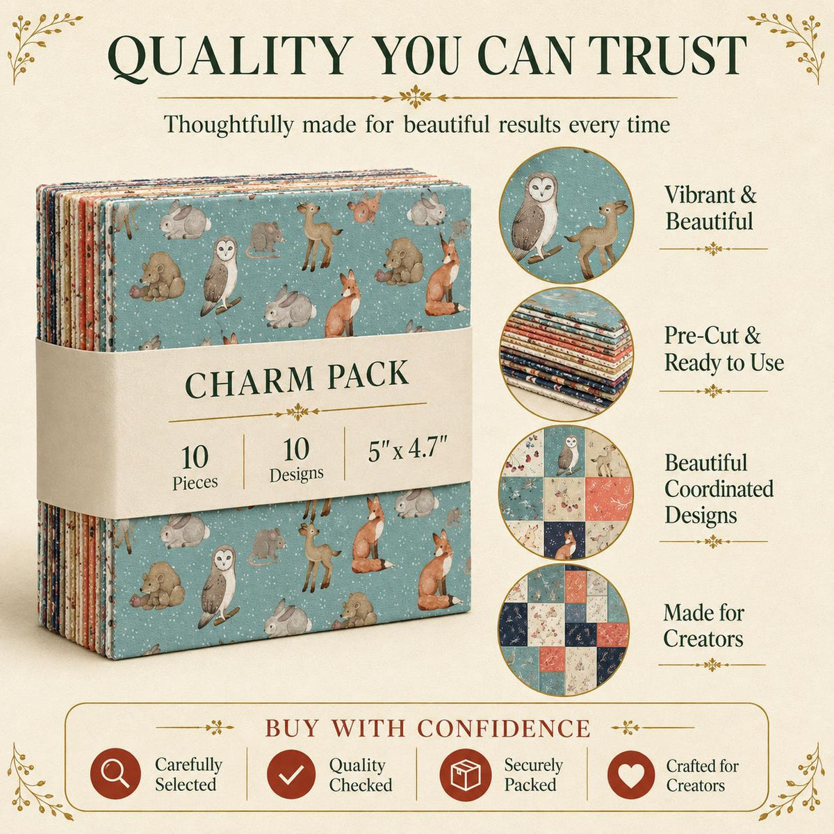 10pcs Charm Pack Set Fox Owl Bunny Pattern 100% Polyester Patchwork in 10 Design Styles, Ready-to-Sew Without Cutting, Suitable For Patchwork Wallet Making Gift Giving Tote Bags Coasters DIY Craft Projects
