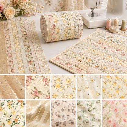 10Pc/Set, Making 10 Images 1pc Each, Each Size: 6.3*50cm Butterfly Floral Beige Series Sliced Fabric Set Style Combination, Polyester Jelly Roll Fabric Strips, Pre-Cut Quilting Squares, For Quilting DIY, Handicrafts And Sewing, Blankets, Rugs, Interior De
