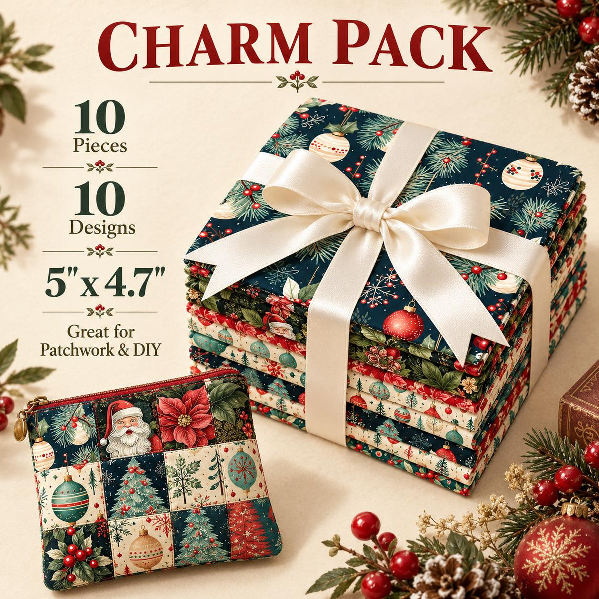 10Pc/Set Christmas Series Flower Tree Bell Star Holly Santa Claus Fat Quarter Fabric, Pre-Cut Square Fabric Assort, Fabric Set, Craft Fabric, Handmade DIY Patchwork Fabric,Home Quilting Sewing Fabric, Packaging Fabric, Scrapbooking Craft Hobbyist