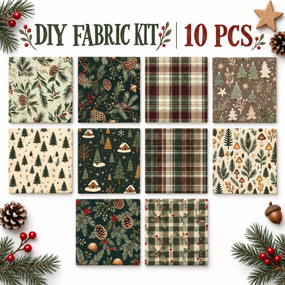 10Pc/set Christmas Series plaid tree mushroom Holly Pinecones Fat Quarter Fabric, Pre-Cut Square Fabric Assort, Fabric Set, Craft Fabric, Handmade DIY Patchwork Fabric,Home Quilting Sewing Fabric, Packaging Fabric, Scrapbooking Craft Hobbyist