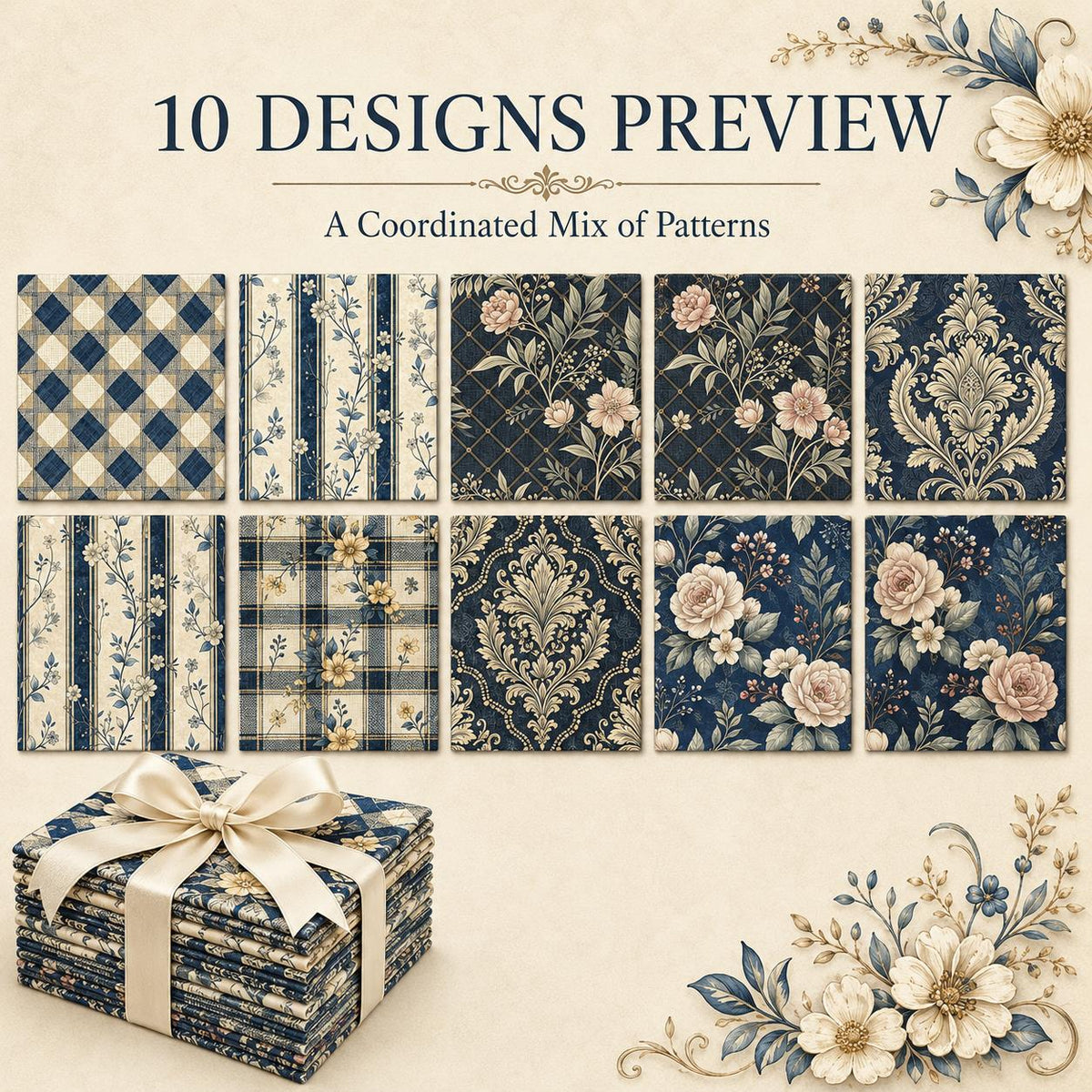 10pcs Charm Pack Set Floral Plaid Pattern Vintage Style Pattern Handmade DIY with Rich Color and Texture Elements 100% Polyester Patchwork in 10 Design Styles Suitable for Patchwork DIY Craft Projects DIY Wallet Making Gift Giving Bag Making