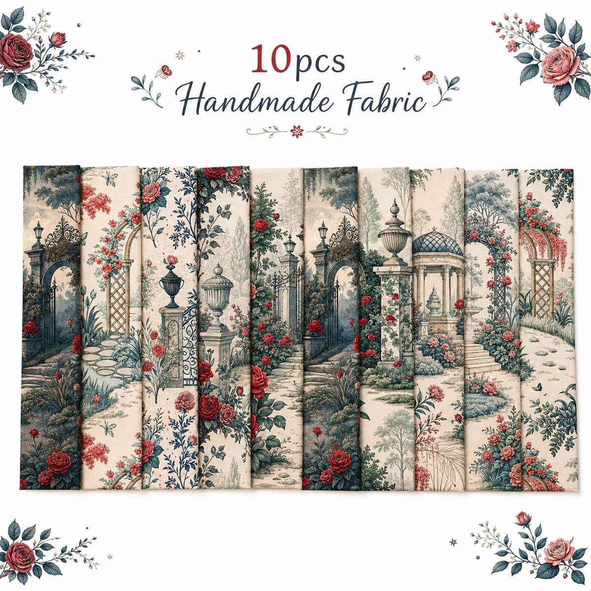 10pcs Vintage Floral Door Pavilion Pattern Jelly Roll Fabric Strips 2.5X19.7inch Pre-Cut 100% Polyester For Patchwork Quilts, Table Runners, Placemats, Tote Bags, Storage Pouches, Makeup Bags, Coasters, Quilt Blocks & Binding