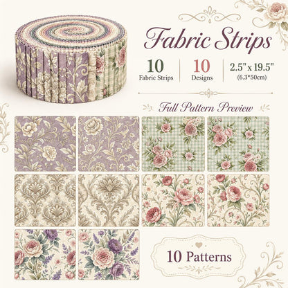 10pcs Vintage Floral Pattern Jelly Roll Fabric Strips 2.5X19.7inch Pre-Cut 100% Polyester For Patchwork Quilts, Table Runners, Placemats, Tote Bags, Storage Pouches, Makeup Bags, Coasters, Quilt Blocks & Binding