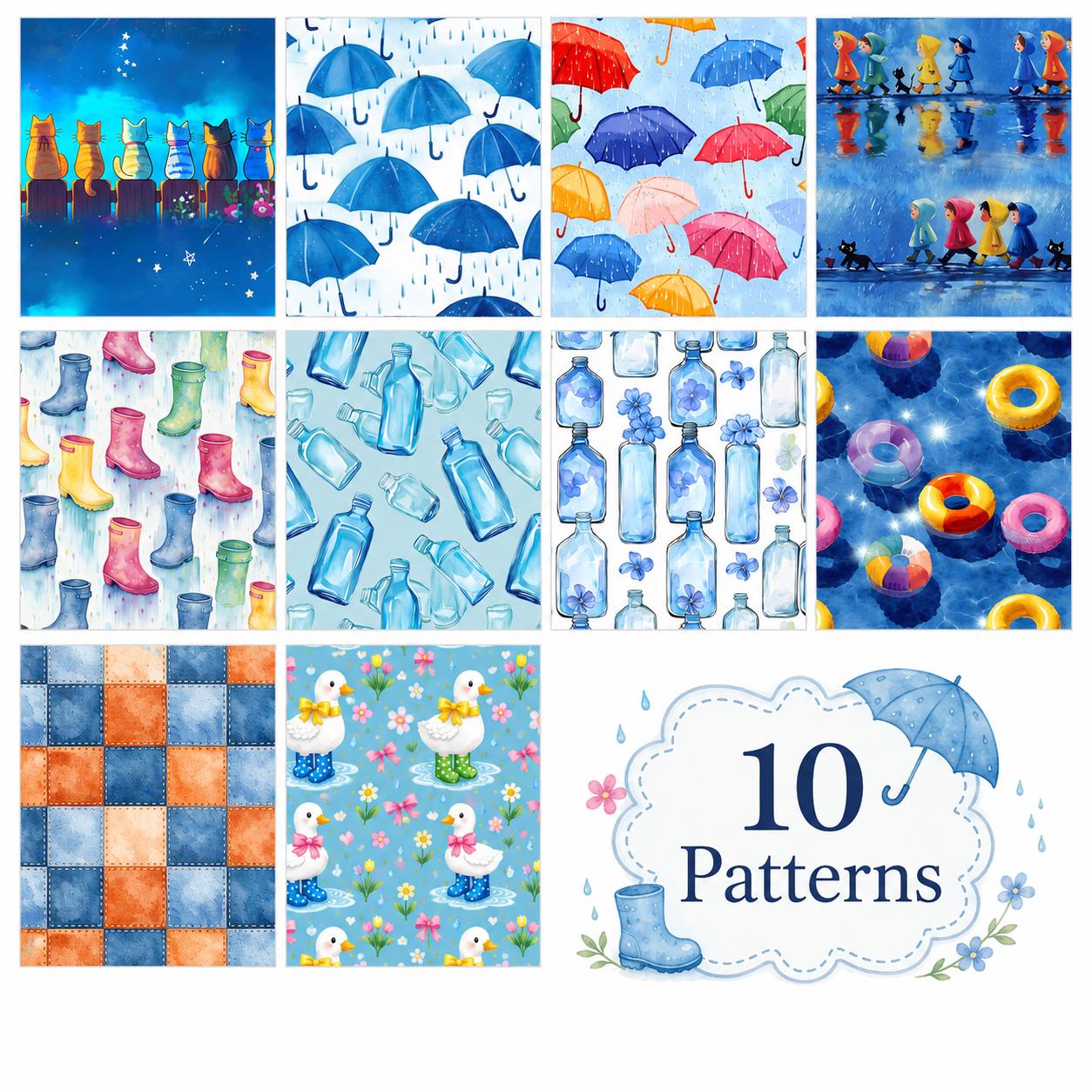 10Pc/Set, Making 10 Images 1pc Each, Each Size: 6.3*50cm Cat Bottle Raining Umbrella Blue Series Sliced Fabric Set Style Combination, Polyester Jelly Roll Fabric Strips, Pre-Cut Quilting Squares, For Quilting DIY, Handicrafts And Sewing, Blankets, Rugs