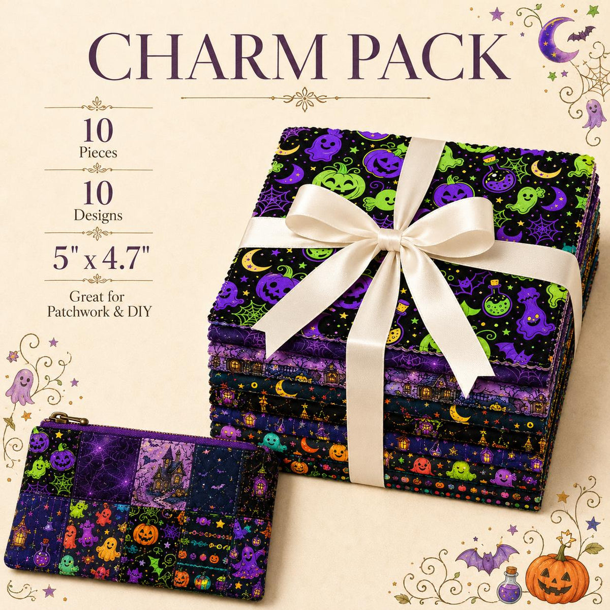 10pcs Charm Pack Set Pumpkin Ghost Halloween Pattern Vintage Style Handmade DIY with Rich Color and Texture Elements 100% Polyester Patchwork in 10 Design Styles Suitable for Patchwork DIY Craft Projects DIY Wallet Making Gift Giving Bag Making Mother's D