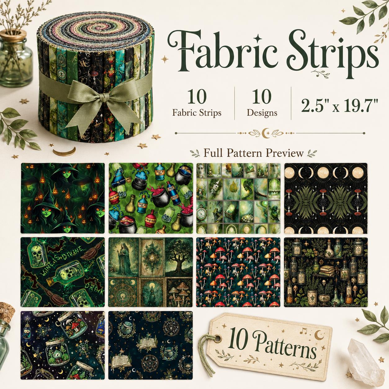 10pcs Vintage Wishing Bottle Skull Dark Pattern Jelly Roll Fabric Strips 2.5X19.7inch Pre-cut 100% Polyester for Patchwork Quilts, Table Runners, Placemats, Tote Bags, Storage Pouches, Makeup Bags, Coasters, Quilt Blocks & Binding Halloween Gift