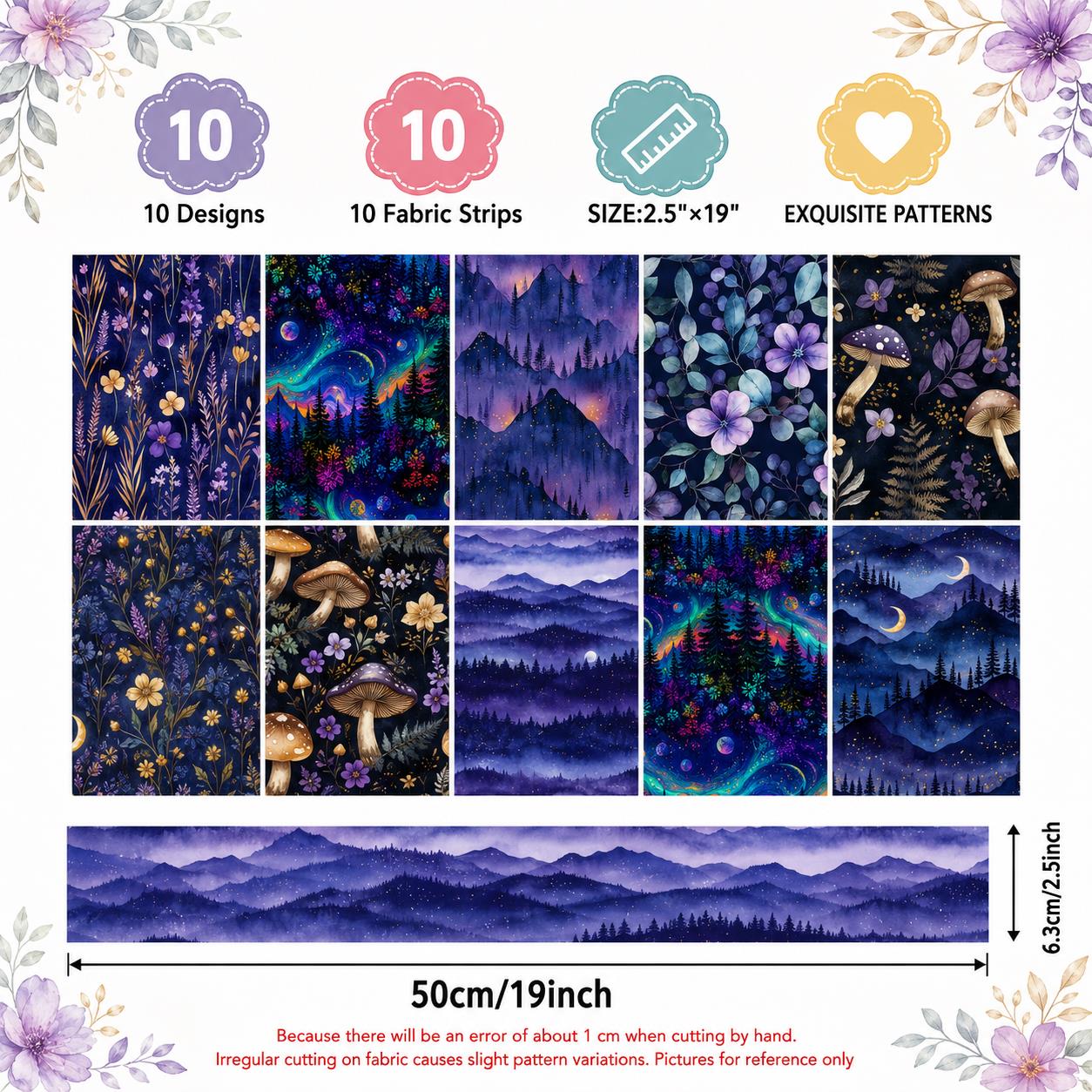 10pcs Vintage Mushroom Mountain Dark Pattern Jelly Roll Fabric Strips 2.5X19.7inch Pre-cut 100% Polyester for Patchwork Quilts, Table Runners, Placemats, Tote Bags, Storage Pouches, Makeup Bags, Coasters, Quilt Blocks & Binding