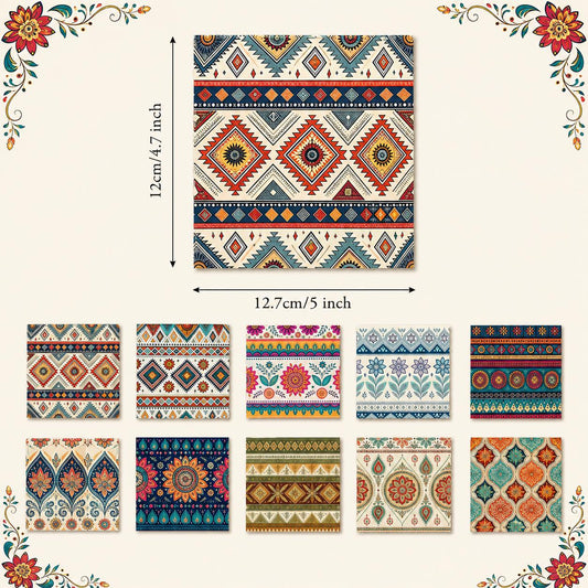 10Pc/Set Flower Stripe Geometric Patterns Ethnic Style Series Fat Quarter Fabric, Pre-Cut Square Fabric Assort, Fabric Set, Craft Fabric, Handmade DIY Patchwork Fabric,Home Quilting Sewing Fabric, Packaging Fabric, Scrapbooking Craft Hobbyist