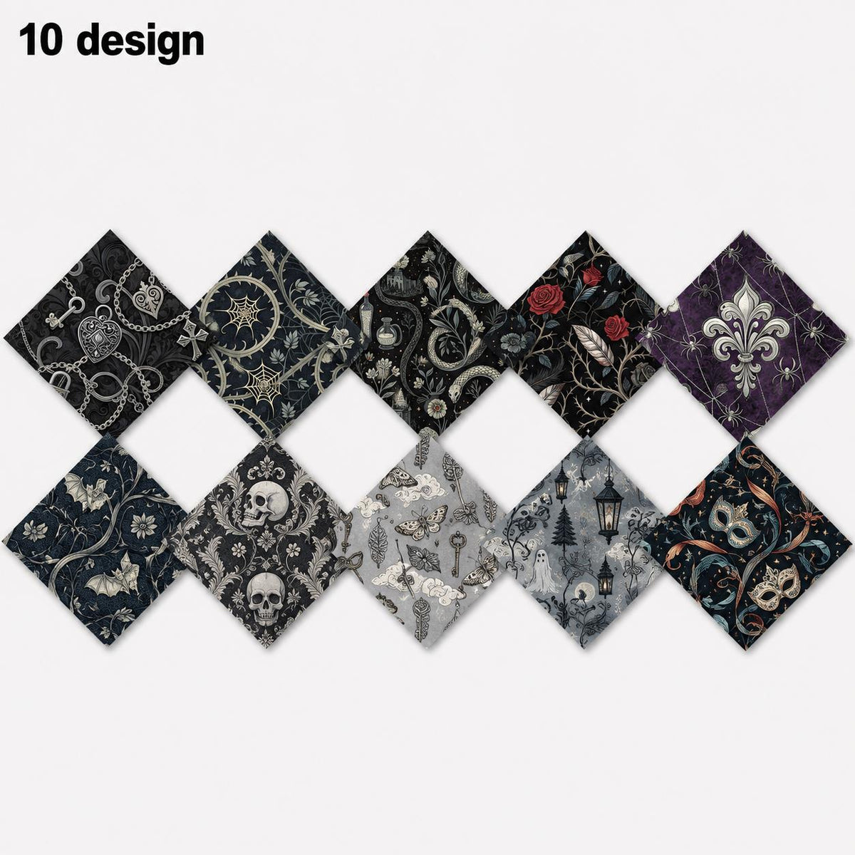 10Pc/Set Halloween Black Series Flower Skull Heart Butterfly Bat Fat Quarter Fabric, Pre-Cut Square Fabric Assort, Fabric Set, Craft Fabric, Handmade DIY Patchwork Fabric,Home Quilting Sewing Fabric, Packaging Fabric, Scrapbooking Craft Hobbyist