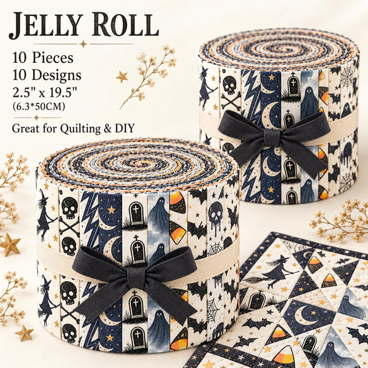 10pcs Vintage Bat Skull Spider Halloween Theme Jelly Roll Fabric Strips 2.5X19.7inch Pre-Cut 100% Polyester For Patchwork Quilts, Table Runners, Placemats, Tote Bags, Storage Pouches, Makeup Bags, Coasters, Quilt Blocks & Binding