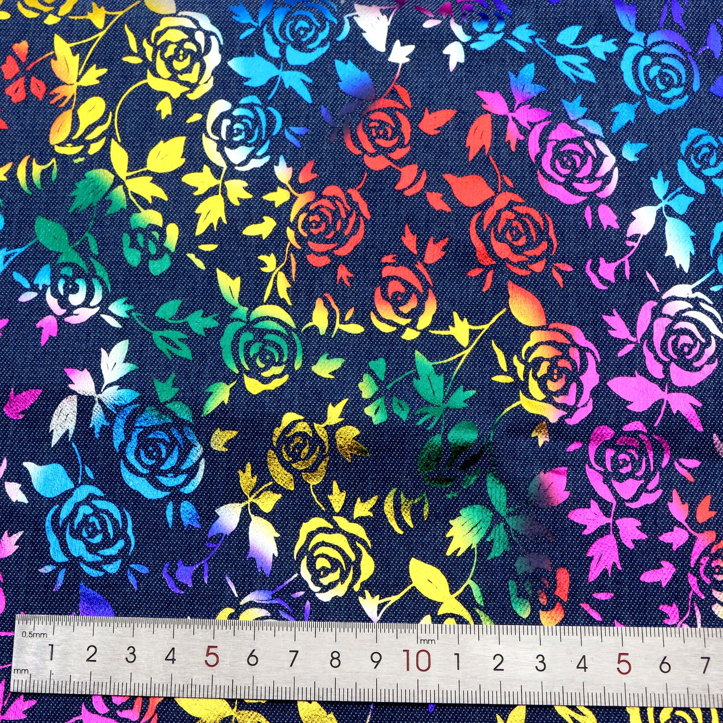 1pc Rainbow Foil Rose Flower Denim Fabric, 59x19.68inch Pre-Cut 100% Polyester, Vibrant Rose Design for DIY Crafts, Bags, Sewing Projects & Hats, Hand Wash Only, Sewing Supplies, Craft Fabric | Vintage Style Fabric | Durable Fabric, Denim Fabric