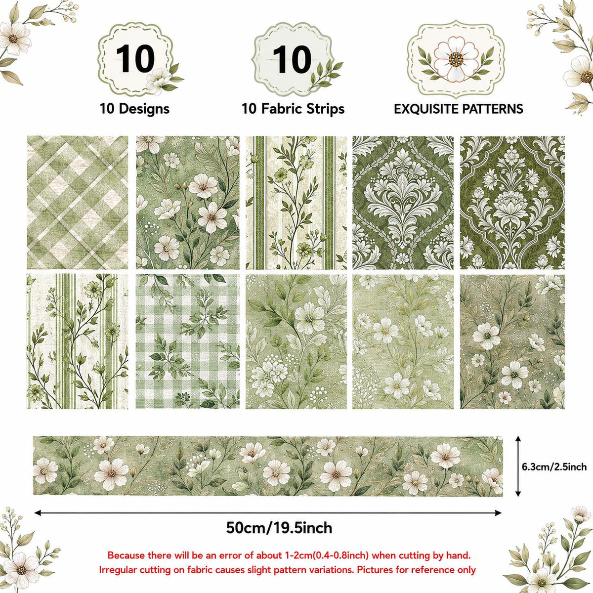 10pcs Vintage Green Floral Pattern Jelly Roll Fabric Strips 2.5X19.7inch Pre-Cut 100% Polyester For Patchwork Quilts, Table Runners, Placemats, Tote Bags, Storage Pouches, Makeup Bags, Coasters, Quilt Blocks & Binding