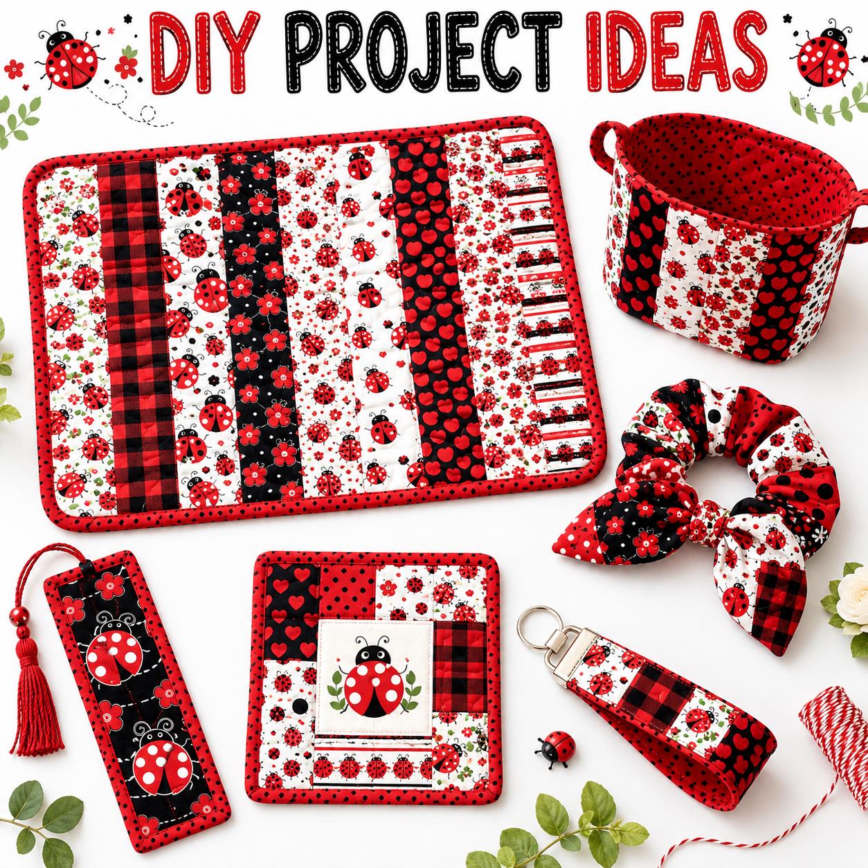 10Pc/Set, Making 10 Images 1pc Each, Each Size: 6.3*50cm Spring Heart Ladybug Red Series Sliced Fabric Set Style Combination, Polyester Jelly Roll Fabric Strips, Pre-Cut Quilting Squares, For Quilting DIY, Handicrafts And Sewing, Blankets, Rugs
