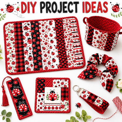10Pc/Set, Making 10 Images 1pc Each, Each Size: 6.3*50cm Spring Heart Ladybug Red Series Sliced Fabric Set Style Combination, Polyester Jelly Roll Fabric Strips, Pre-Cut Quilting Squares, For Quilting DIY, Handicrafts And Sewing, Blankets, Rugs