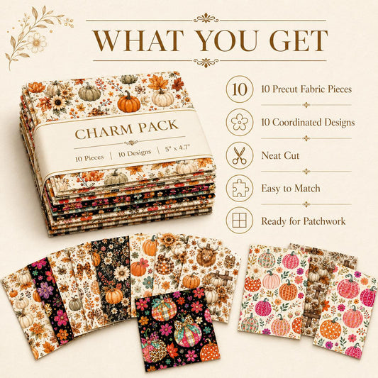 10pcs Charm Pack Set Floral Pumpkin Autumn Pattern Vintage Style Handmade DIY with Rich Color and Texture Elements 100% Polyester Patchwork in 10 Design Styles Suitable for Patchwork DIY Craft Projects DIY Wallet Making Gift Giving Bag Making Mother's Day