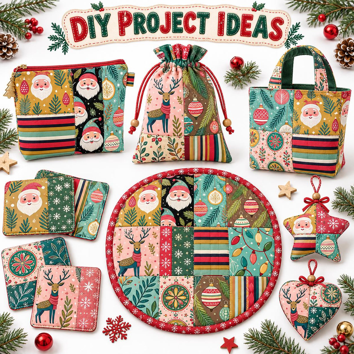 10Pc/Set Christmas Series Stripe Deer Santa Claus Tree Pinecones Fat Quarter Fabric, Pre-Cut Square Fabric Assort, Fabric Set, Craft Fabric, Handmade DIY Patchwork Fabric,Home Quilting Sewing Fabric, Packaging Fabric, Scrapbooking Craft Hobbyist