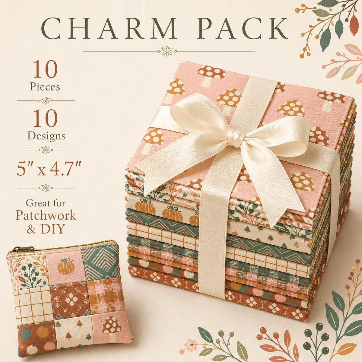 10pcs Charm Pack Set Mushroom Pumpkin Pattern Vintage Style Handmade DIY with Rich Color and Texture Elements 100% Polyester Patchwork in 10 Design Styles Suitable for Patchwork DIY Craft Projects DIY Wallet Making Gift Giving Bag Making Mother's Day Gift