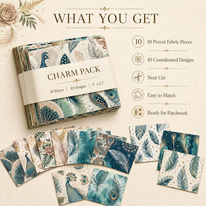 10pcs Charm Pack Set Peacock Feathers VIntage Style Pattern HAndmade DIY With Rich Color and Texture Elements 100% Polyester Patchwork in 10 Design Styles Suitable For Patchwork DIY Craft Projects DIY Wallet Making Gift Giving Bag Making Mother's Day Gift