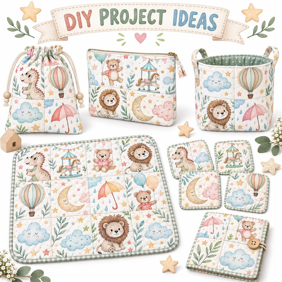 10Pc/Set Animal Series Dinosaurs Lions Bear Moon Umbrella Balloon Cloud Fat Quarter Fabric, Pre-Cut Square Fabric Assort, Fabric Set, Craft Fabric, Handmade DIY Patchwork Fabric,Home Quilting Sewing Fabric, Packaging Fabric, Scrapbooking Craft Hobbyist