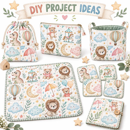 10Pc/Set Animal Series Dinosaurs Lions Bear Moon Umbrella Balloon Cloud Fat Quarter Fabric, Pre-Cut Square Fabric Assort, Fabric Set, Craft Fabric, Handmade DIY Patchwork Fabric,Home Quilting Sewing Fabric, Packaging Fabric, Scrapbooking Craft Hobbyist