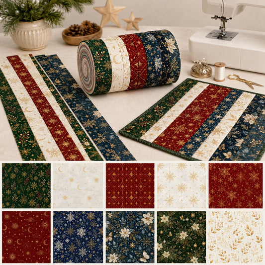 10pcs Vintage Floral Snow Christmas Pattern Jelly Roll Fabric Strips 2.5X19.7inch Pre-Cut 100% Polyester For Patchwork Quilts, Table Runners, Placemats, Tote Bags, Storage Pouches, Makeup Bags, Coasters, Quilt Blocks & Binding