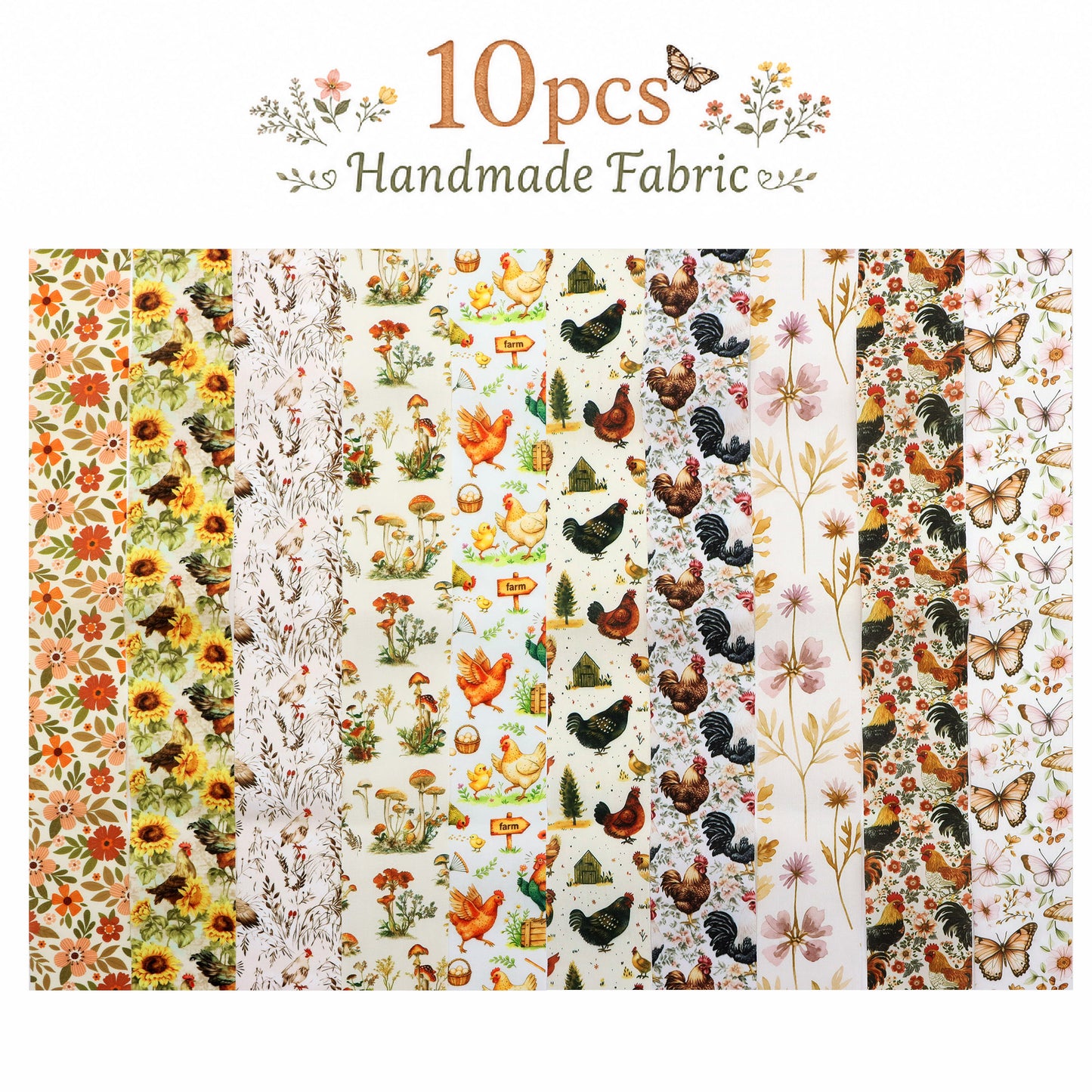 10Pc/Set, Making 10 Images 1pc Each, Each Size: 6.3*50cm Floral Butterfly Rooster Series Sliced Fabric Set Style Combination, Polyester Jelly Roll Fabric Strips, Pre-Cut Quilting Squares, For Quilting DIY, Handicrafts And Sewing, Blankets, Rugs