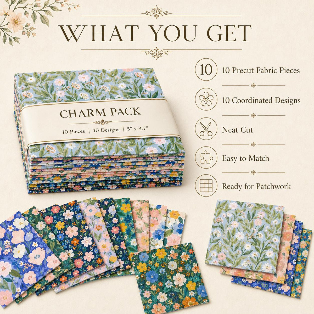 10pcs Charm Pack Set Floral Pattern Vintage Style Handmade DIY with Rich Color and Texture Elements 100% Polyester Patchwork in 10 Design Styles Suitable for Patchwork DIY Craft Projects DIY Wallet Making Gift Giving Bag Making Mother's Day Gift