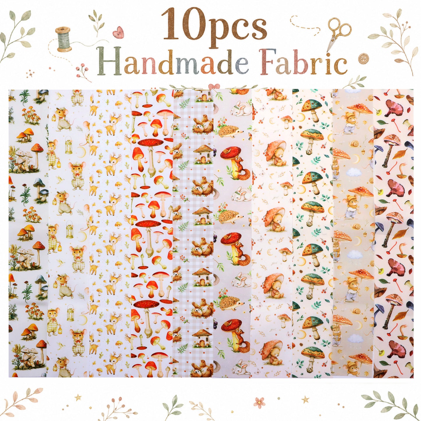 10Pc/Set, Making 10 Images 1pc Each, Each Size: 6.3*50cm Squirrel Mushroom Mouse Animal Series Sliced Fabric Set Style Combination, Polyester Jelly Roll Fabric Strips, Pre-Cut Quilting Squares, For Quilting DIY, Handicrafts And Sewing, Blankets, Rugs