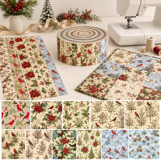 10pcs Vintage Bird Holly Winter Christmas Theme Jelly Roll Fabric Strips 2.5X19.7inch Pre-Cut 100% Polyester For Patchwork Quilts, Table Runners, Placemats, Tote Bags, Storage Pouches, Makeup Bags, Coasters, Quilt Blocks & Binding
