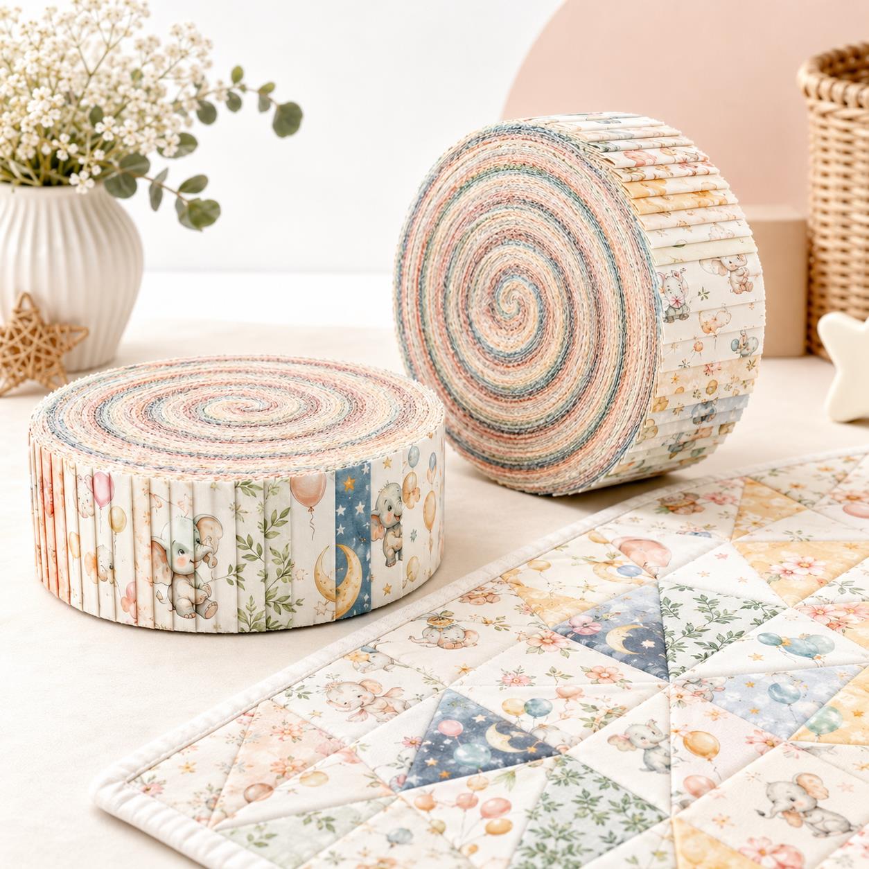 10pcs Vintage Elephant Pattern Jelly Roll Fabric Strips 2.5X19.7inch Pre-cut 100% Polyester for Patchwork Quilts, Table Runners, Placemats, Tote Bags, Storage Pouches, Makeup Bags, Coasters, Quilt Blocks & Binding