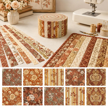10pcs Vintage Autumn Floral Pattern Jelly Roll Fabric Strips 2.5X19.7inch Pre-Cut 100% Polyester For Patchwork Quilts, Table Runners, Placemats, Tote Bags, Storage Pouches, Makeup Bags, Coasters, Quilt Blocks & Binding