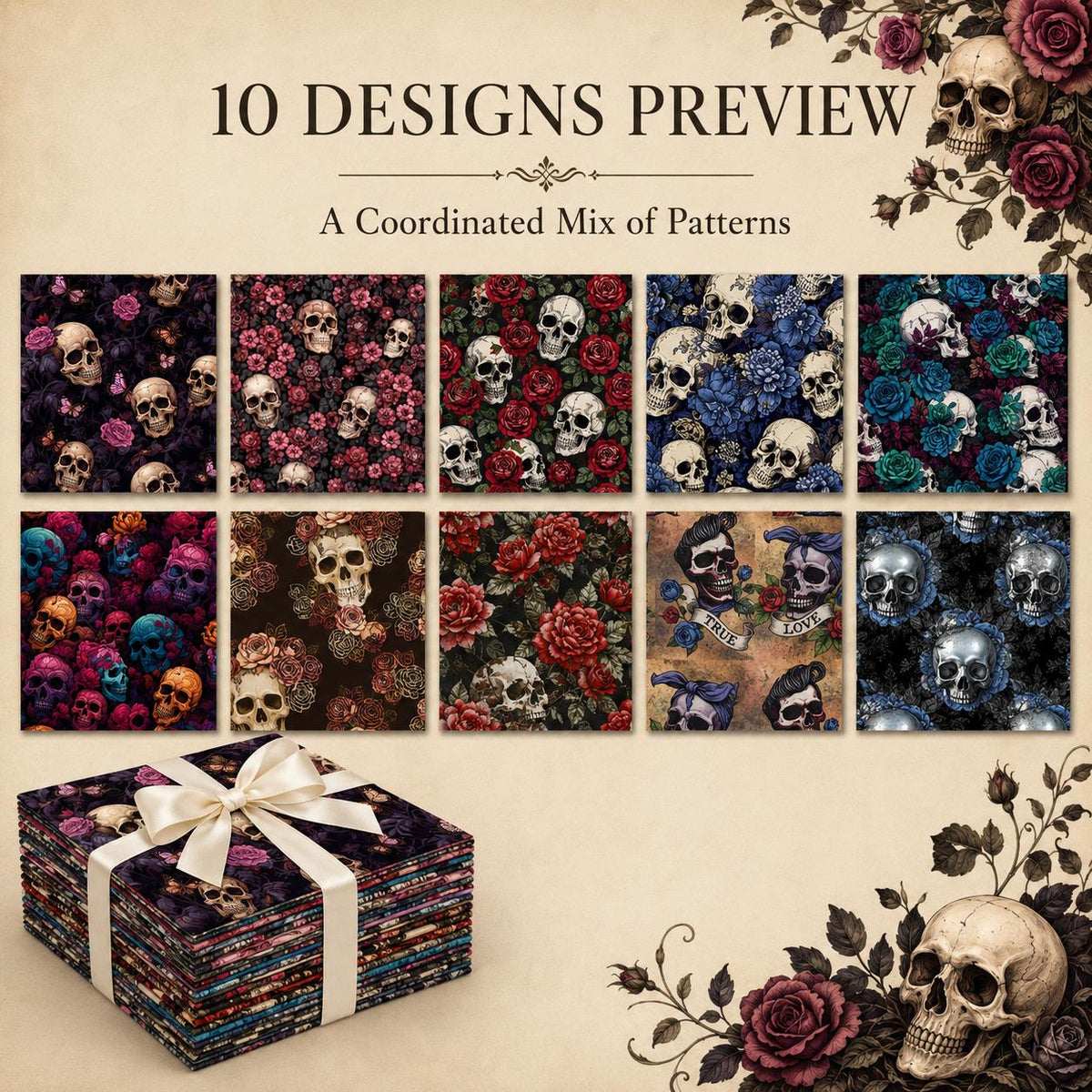 10pcs Charm Pack Set Skull Black Halloween Vintage Style Pattern Handmade DIY with Rich Color and Texture Elements 100% Polyester Patchwork in 10 Design Styles Suitable for Patchwork DIY Craft Projects DIY Wallet Making Gift Giving Bag Making Mother's Day
