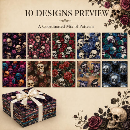 10pcs Charm Pack Set Skull Black Halloween Vintage Style Pattern Handmade DIY with Rich Color and Texture Elements 100% Polyester Patchwork in 10 Design Styles Suitable for Patchwork DIY Craft Projects DIY Wallet Making Gift Giving Bag Making Mother's Day