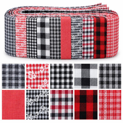 10pcs Vintage Plaid Red & Black Pattern Jelly Roll Fabric Strips 2.5X19.7inch Pre-Cut 100% Polyester For Patchwork Quilts, Table Runners, Placemats, Tote Bags, Storage Pouches, Makeup Bags, Coasters, Quilt Blocks & Binding