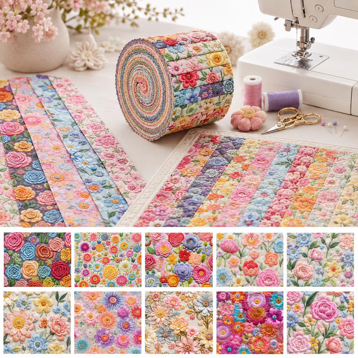 Floral Jelly Roll Quilt Fabric - 10pcs 2.5x19 Inch Polyester Strips For Sewing, Patchwork & Crafting - Precut Fabric Set For DIY Quilting, Table Runners, Storage Pouches, Makeup Bags & Home Decor, Mother'S Day Gift, Birthday Gift For Mom