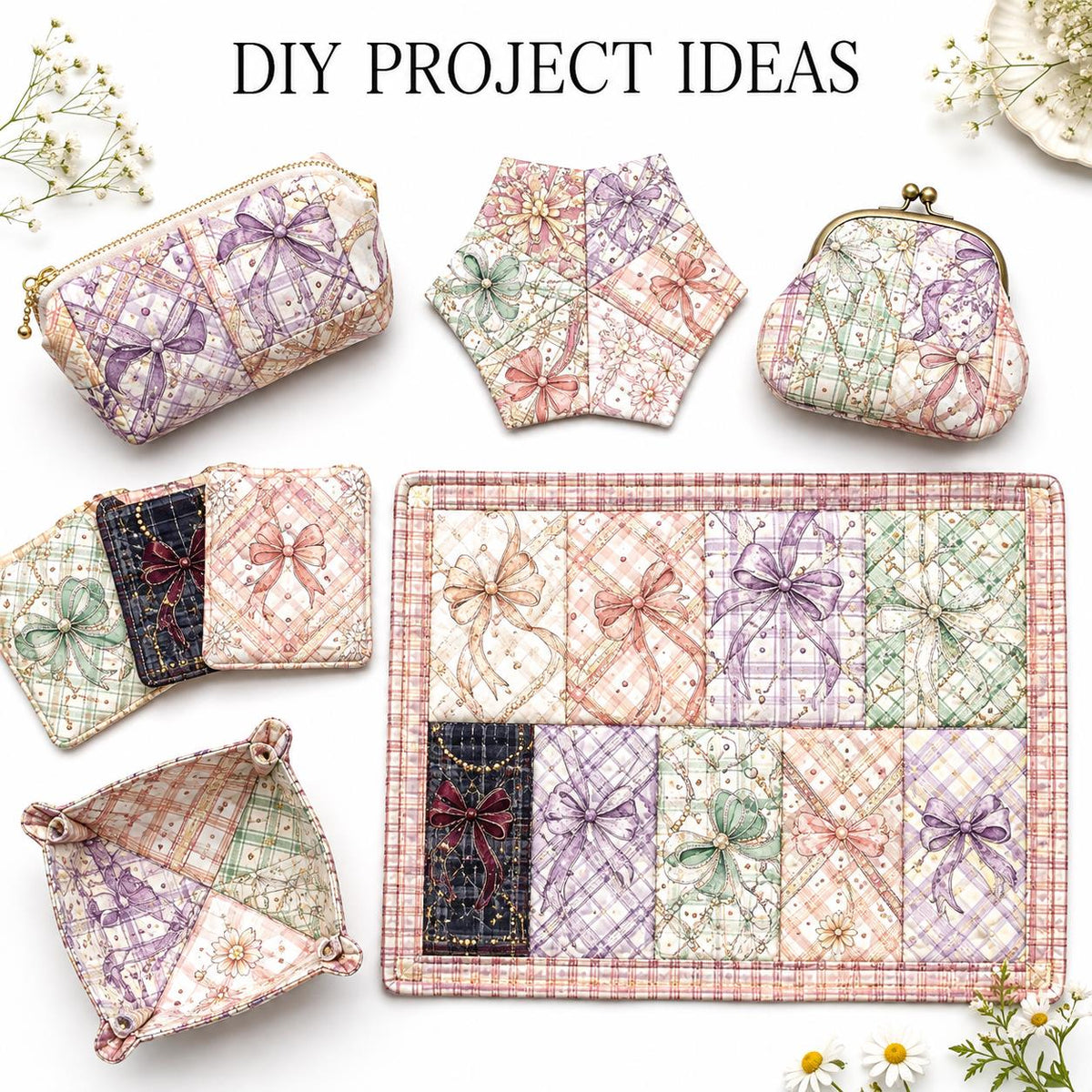 10Pc/Set Flower Plaid Bow Series Fat Quarter Fabric, Pre-Cut Square Fabric Assort, Fabric Set, Craft Fabric, Handmade DIY Patchwork Fabric,Home Quilting Sewing Fabric, Packaging Fabric, Scrapbooking Craft Hobbyist