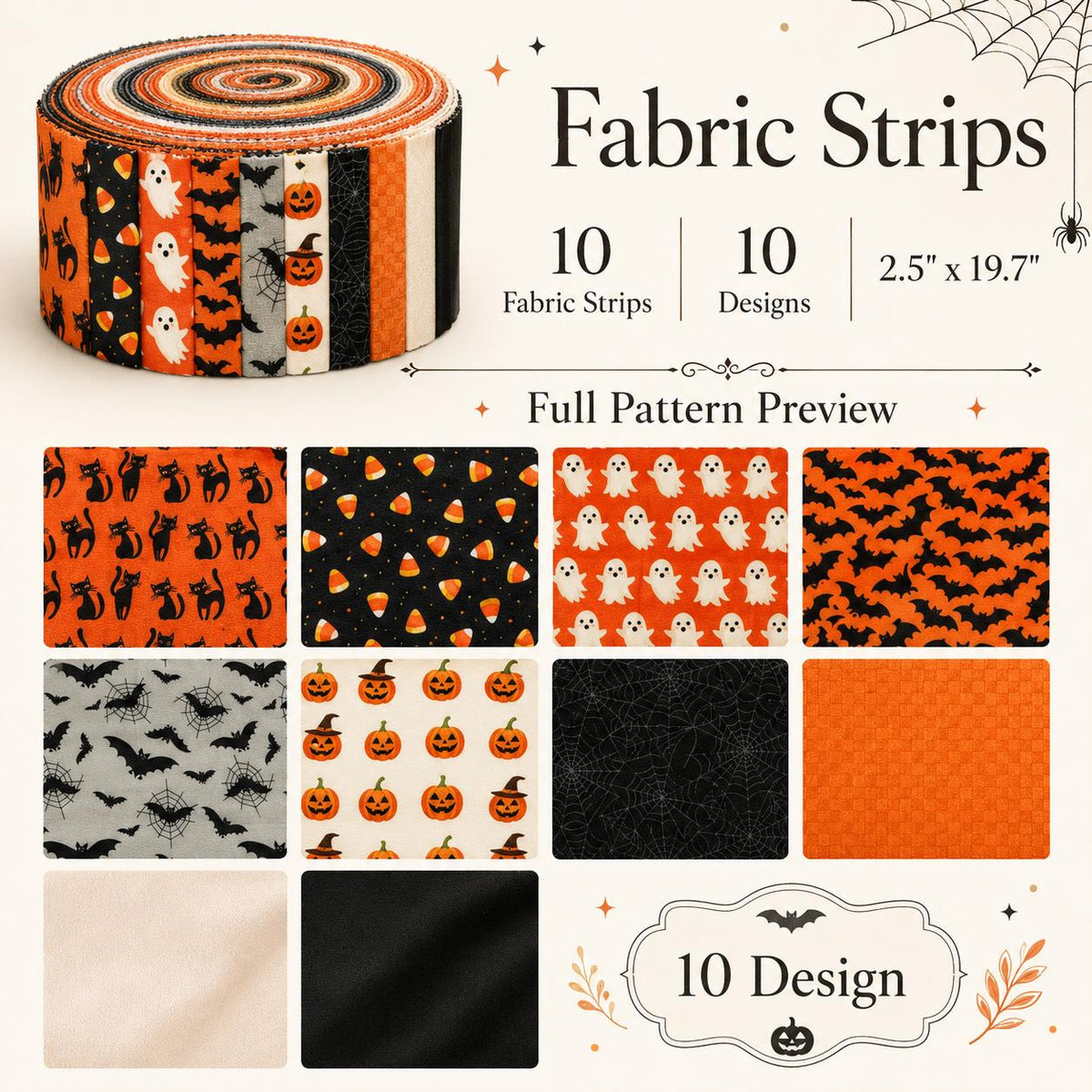 10Pc/Set, Making 10 Images 1pc Each, Each Size: 6.3*50cm Bat Pumpkin Ghost Halloween Series Sliced Fabric Set Style Combination, Polyester Jelly Roll Fabric Strips, Pre-Cut Quilting Squares, For Quilting DIY, Handicrafts And Sewing, Blankets, Rugs, Interi