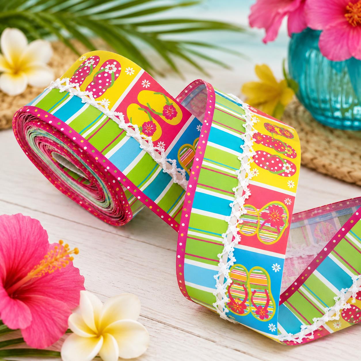 5 Yards Summer Slippers Stripe Print Ribbon, Width 32mm/1.26-Inch, Two Ribbon Equipped with White Center Hook Edge, Ideal for Showcasing Jewelry And Wrapping Gifts, Creating Bows, Holiday Decorations