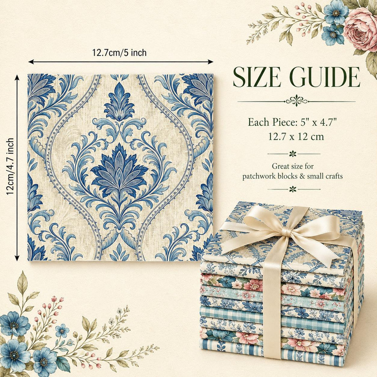 10pcs Charm Pack Set Floral Pattern Vintage Style Handmade DIY with Rich Color and Texture Elements 100% Polyester Patchwork in 10 Design Styles Suitable for Patchwork DIY Craft Projects DIY Wallet Making Gift Giving Bag Making Mother's Day Gift