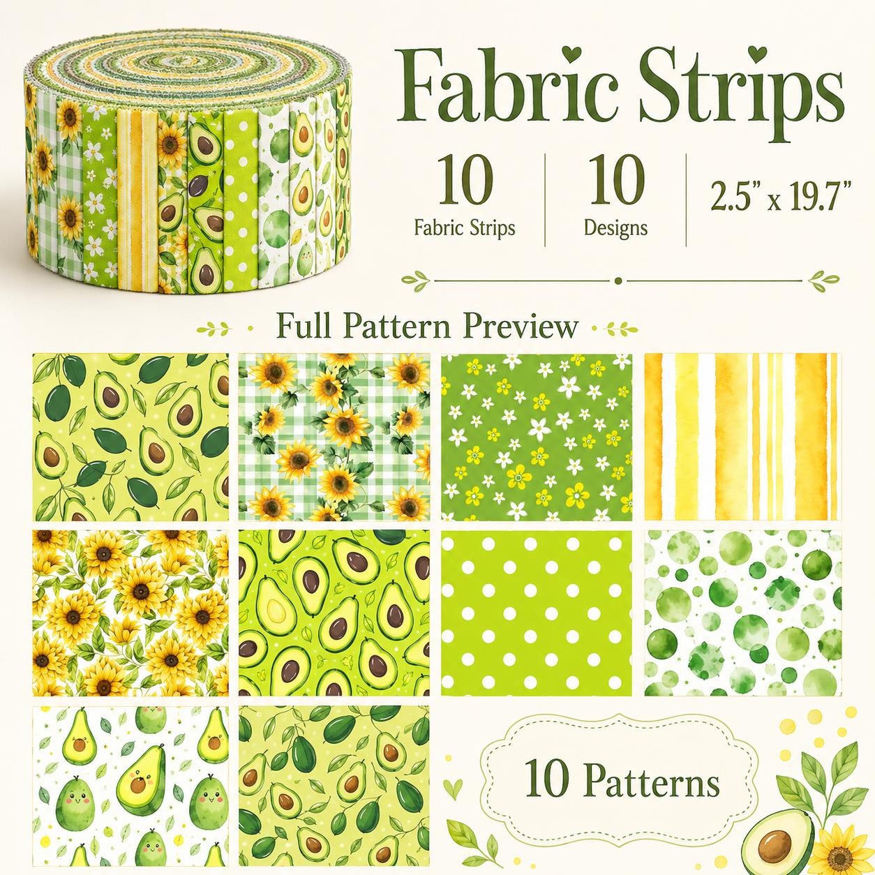 10pcs Vintage Avocado Floral Jelly Roll Fabric Strips 2.5X19.7inch Pre-Cut 100% Polyester For Patchwork Quilts, Table Runners, Placemats, Tote Bags, Storage Pouches, Makeup Bags, Coasters, Quilt Blocks & Binding Birthday Gift For Mom