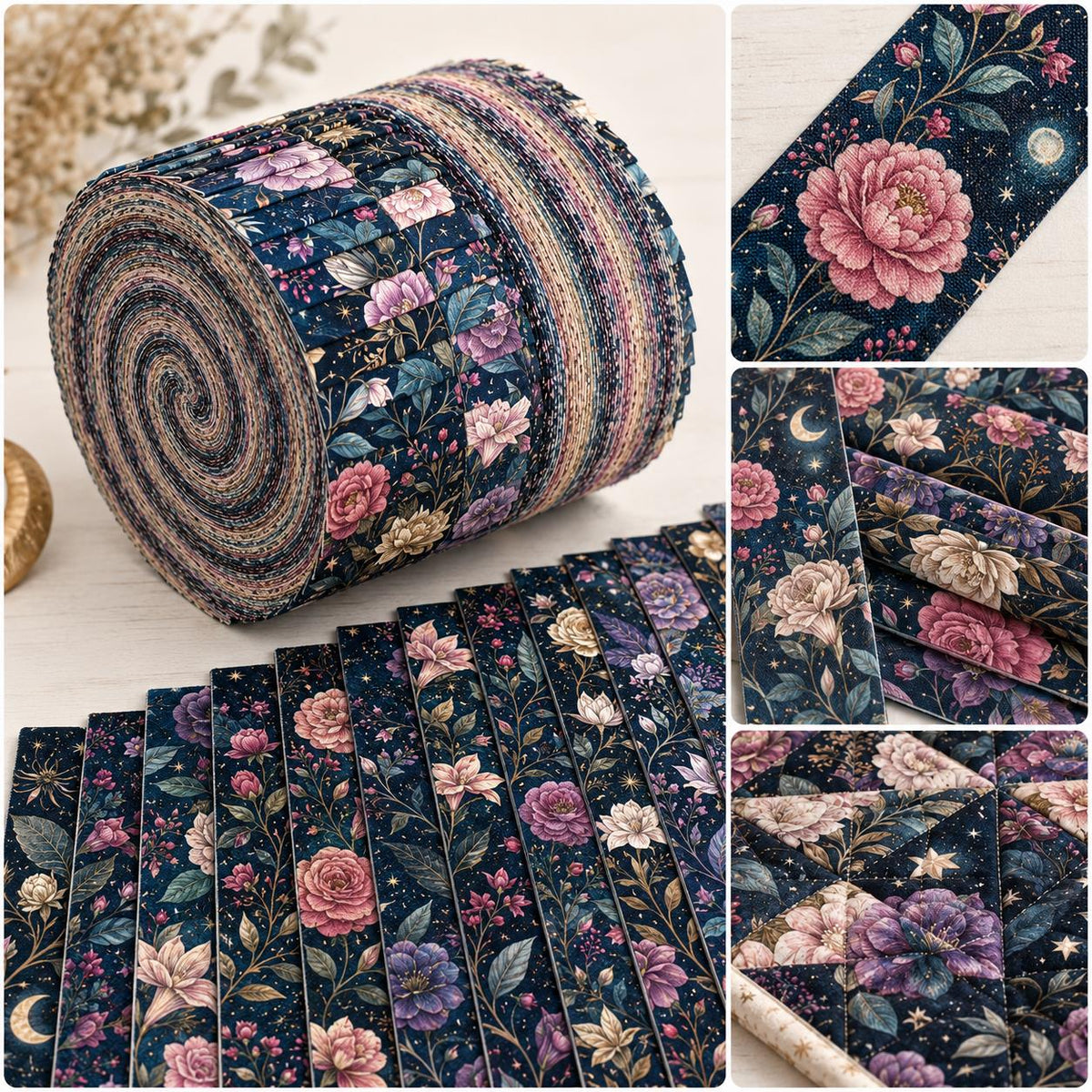 10pcs Vintage Floral Burgundy Moon Pattern Jelly Roll Fabric Strips 2.5X19.7inch Pre-Cut 100% Polyester For Patchwork Quilts, Table Runners, Placemats, Tote Bags, Storage Pouches, Makeup Bags, Coasters, Quilt Blocks & Binding