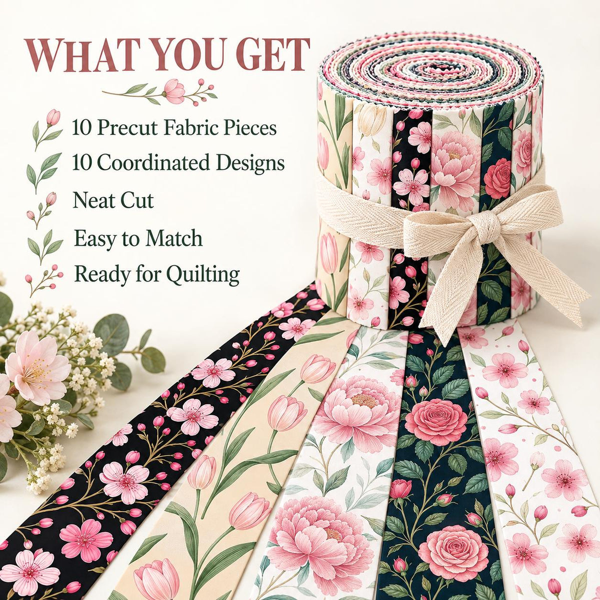 10pcs Vintage Floral Pattern Jelly Roll Fabric Strips 2.5X19.7inch Pre-Cut 100% Polyester For Patchwork Quilts, Table Runners, Placemats, Tote Bags, Storage Pouches, Makeup Bags, Coasters, Quilt Blocks & Binding