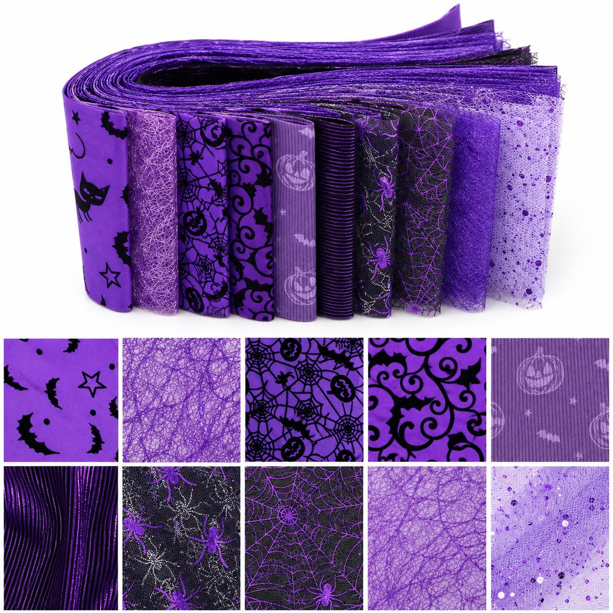 10pcs/Set, Making 10 Images 1pc Each, Each Size: 2.48*19.69inch Pumpkin Spider Plain Purple Halloween Pattern Sliced Fabric Set Style Combination, Polyester Jelly Roll Fabric Strips, Pre-Cut Quilting Squares, for Quilting DIY, Handicrafts And Sewing, Blan