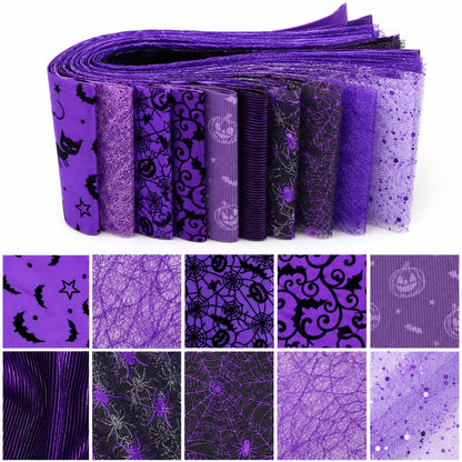 10pcs/Set, Making 10 Images 1pc Each, Each Size: 2.48*19.69inch Pumpkin Spider Plain Purple Halloween Pattern Sliced Fabric Set Style Combination, Polyester Jelly Roll Fabric Strips, Pre-Cut Quilting Squares, for Quilting DIY, Handicrafts And Sewing, Blan