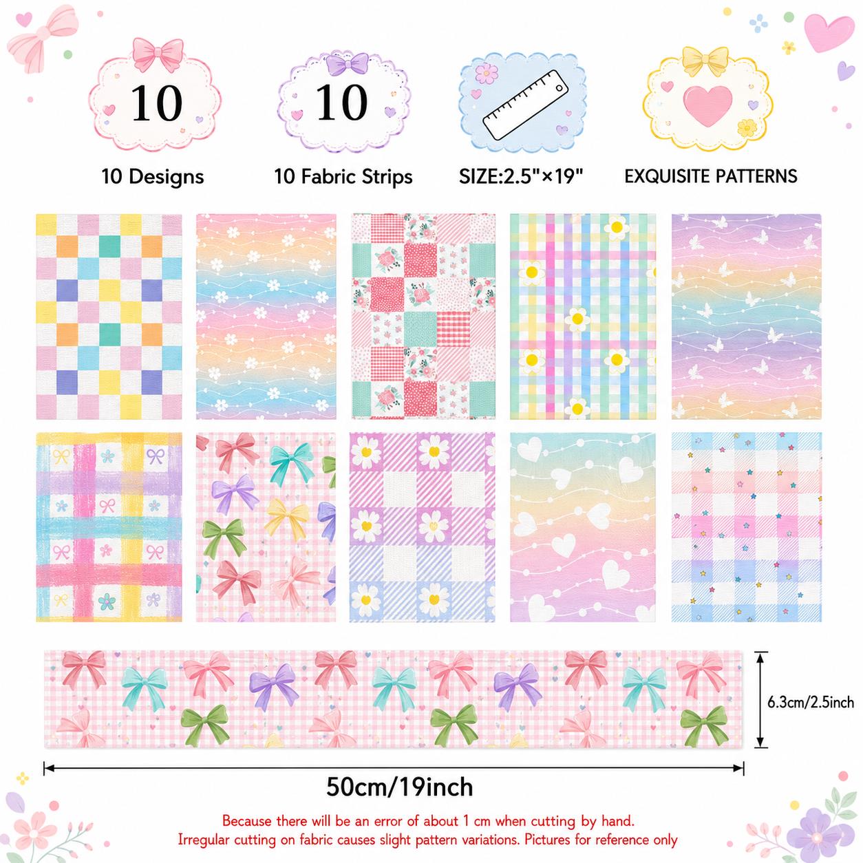 10Pc/Set, Making 10 Images 1pc Each, Each Size: 6.3*50cm Plaid Grid Floral Pink Series Sliced Fabric Set Style Combination, Polyester Jelly Roll Fabric Strips, Pre-Cut Quilting Squares, For Quilting DIY, Handicrafts And Sewing, Blankets, Rugs