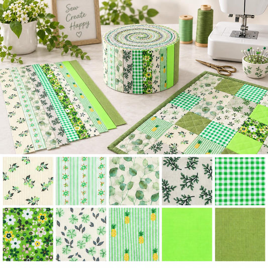 10pcs Vintage Green Flower Jelly Roll Fabric Strips 2.5X19.7inch Pre-cut 100% Polyester for Patchwork Quilts, Table Runners, Placemats, Tote Bags, Storage Pouches, Makeup Bags, Coasters, Quilt Blocks & Binding