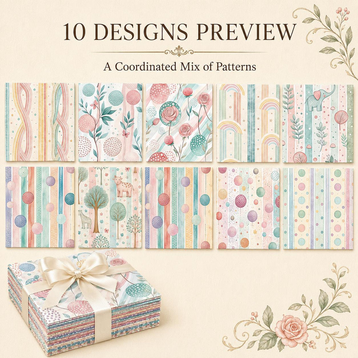 10Pc/Set Flower Strip Dot Series Deer Butterfly Star Mushroom Bear Elephan Rose Fat Quarter Fabric, Pre-Cut Square Fabric Assort, Fabric Set, Craft Fabric, Handmade DIY Patchwork Fabric,Home Quilting Sewing Fabric, Packaging Fabric, Scrapbooking Craft Hob