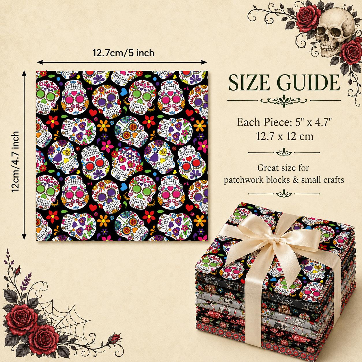 10Pc/Set Halloween Series Spider Skull Rose Cat Fat Quarter Fabric, Pre-Cut Square Fabric Assort, Fabric Set, Craft Fabric, Handmade DIY Patchwork Fabric,Home Quilting Sewing Fabric, Packaging Fabric, Scrapbooking Craft